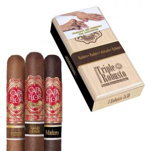 CAPA FLOR ROBUSTO EN CAJA CON 3 PUROS MADURO, MADURO COLORADO Y HABANO