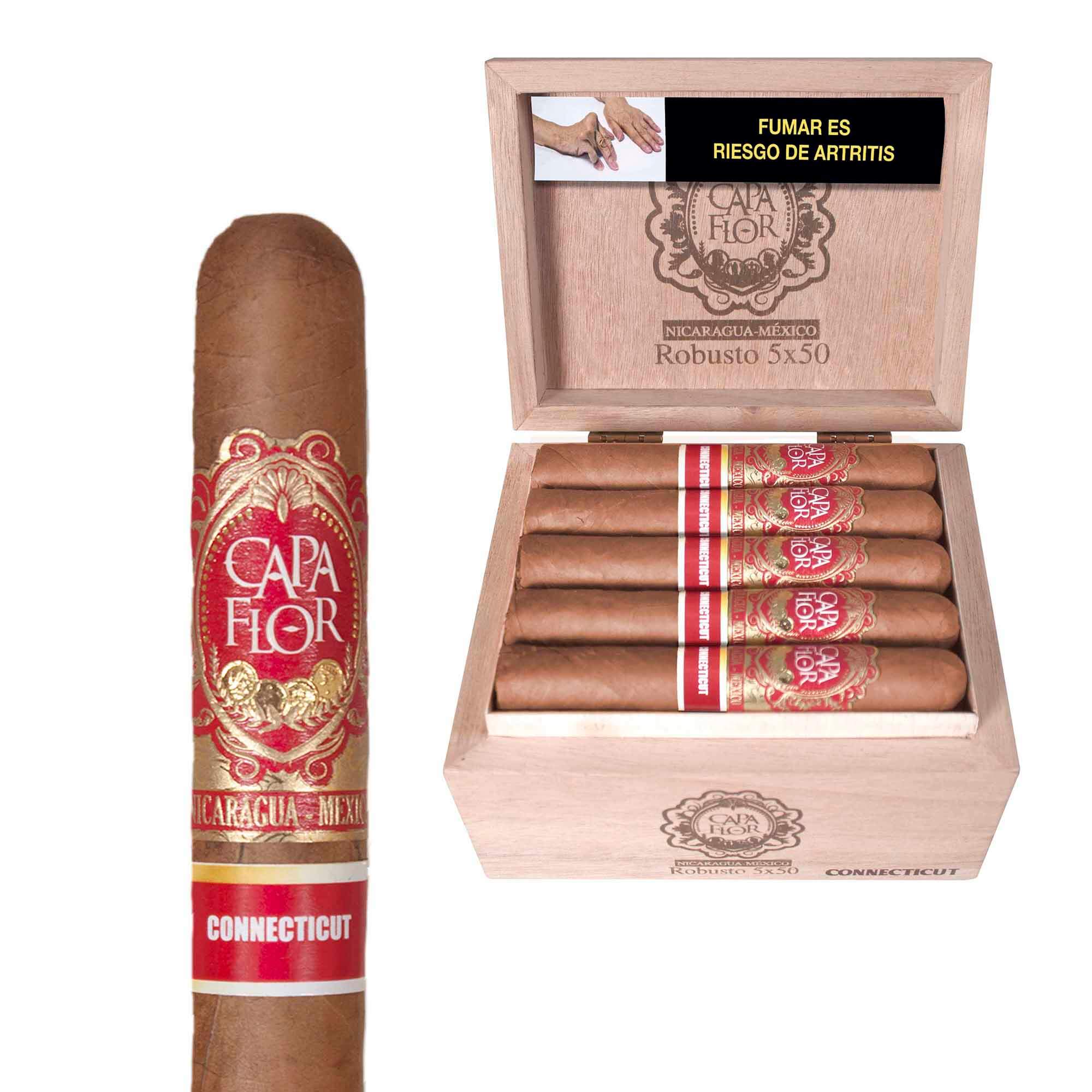 CAPA FLOR ROBUSTO CAJA EN ACABADO NATURAL CON 20 PUROS CONNECTICUT