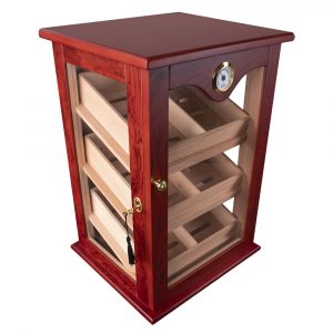 HUMIDOR MINI VITRINA DE MADERA COLOR CAOBA ROJIZO CON 3 COMPARTIMENTOS CON LLAVE PARA 100 PUROS