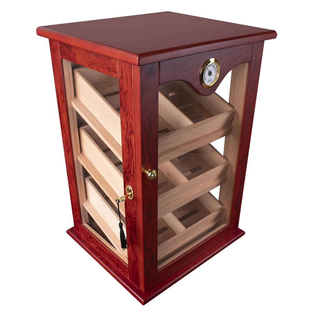 HUMIDOR MINI VITRINA DE MADERA COLOR CAOBA ROJIZO CON 3 COMPARTIMENTOS CON LLAVE PARA 100 PUROS