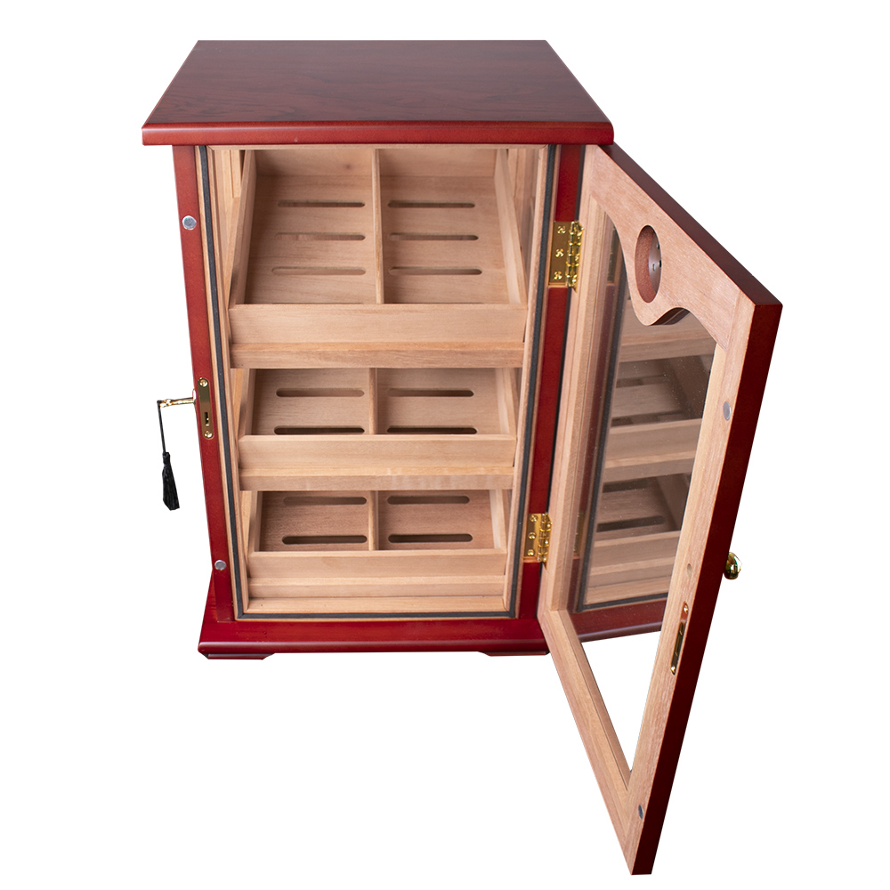 HUMIDOR MINI VITRINA DE MADERA COLOR CAOBA ROJIZO CON 3 COMPARTIMENTOS CON LLAVE PARA 100 PUROS - Image 3