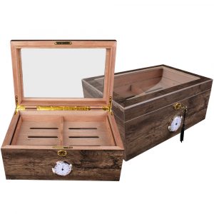 HUMIDOR DE MADERA COLOR ANTIQUE CON TAPA DE CRISTAL Y CHAROLA PARA 120 PUROS CON LLAVE