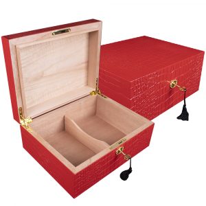 HUMIDOR DE MADERA CON DISEÑO REPTIL COLOR ROJO PARA 35 PUROS CON LLAVE
