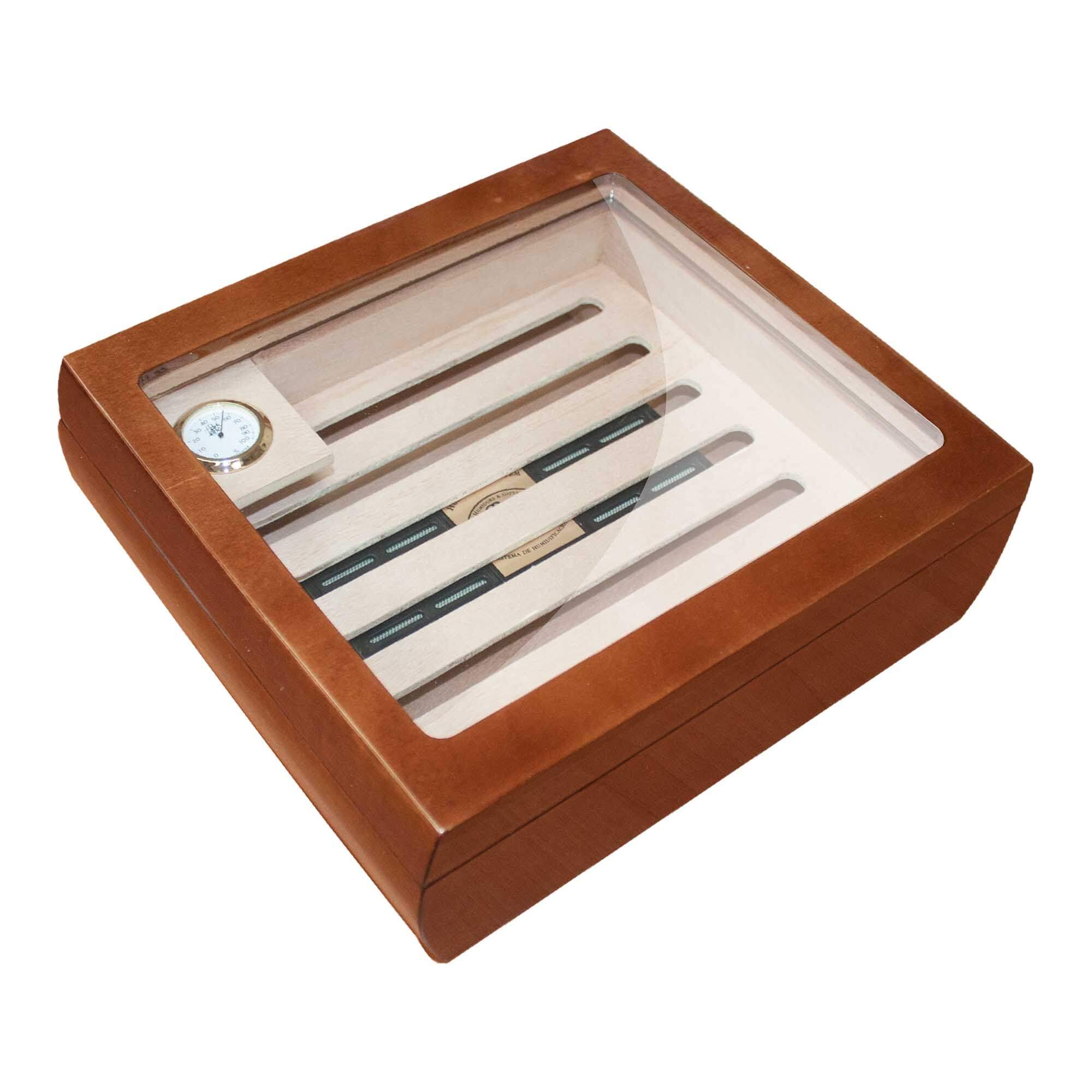 HUMIDOR PARK LANE BOLEADO PARA 15 PUROS CON TAPA DE CRISTAL COLOR NOGAL BRILLANTE