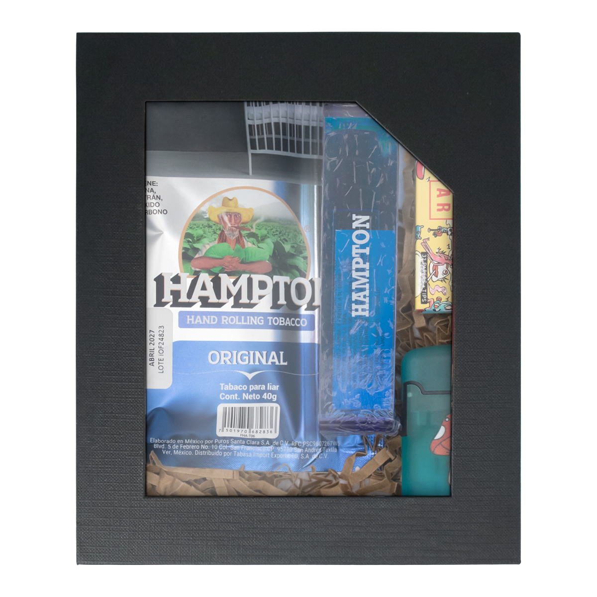 SET TABACO PICADO HAMPTON ORIGINAL, ROLADORA DE PLASTICO, ENCENDEDOR ZENGAZ HONGO Y PAPEL NAAR