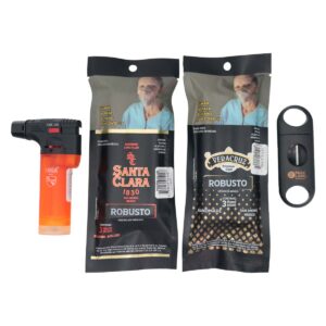 SET HUMIDIBAG SANTA CLARA 3 PUROS, VERACRUZ ROBUSTO 3 PUROS, SOPLETE Y CORTAPUROS NEGRO